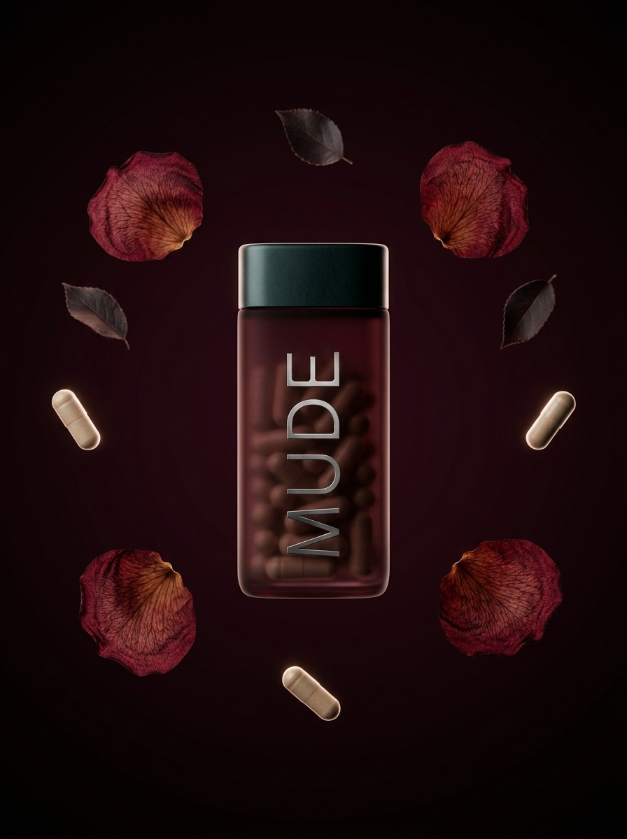 MUDE supplement bottle encircled by rose petals and capsules