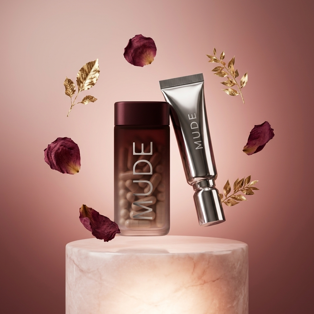 MUDE supplement bottle and balm tube on a blush marble podium