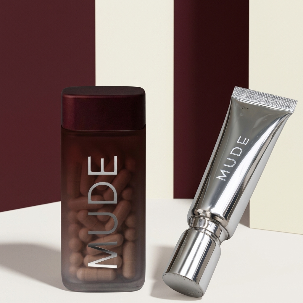 MUDE supplement bottle and silver balm tube on a colour-blocked set