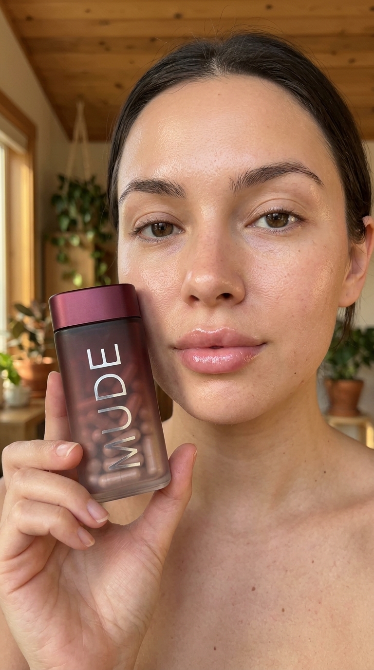 Founder holding the MUDE supplement bottle in natural light