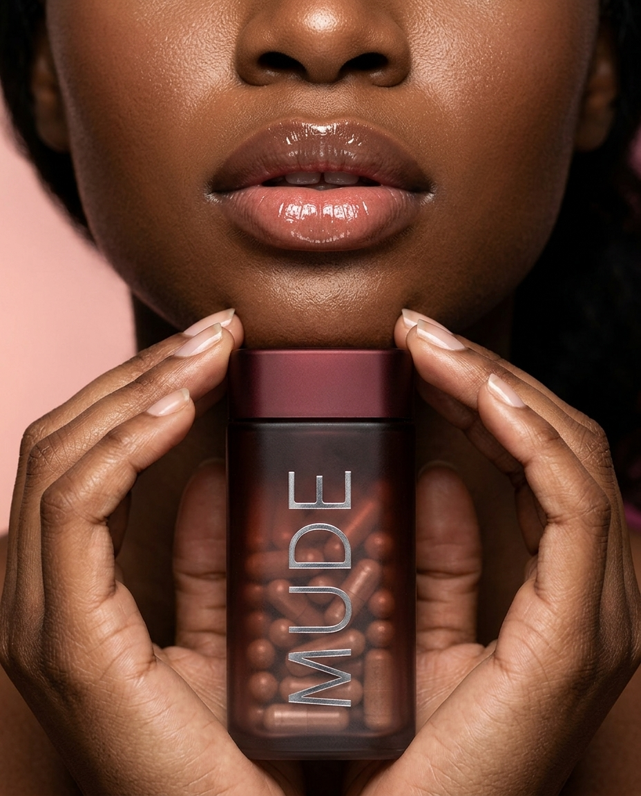 Model cradling the MUDE supplement bottle to her lips