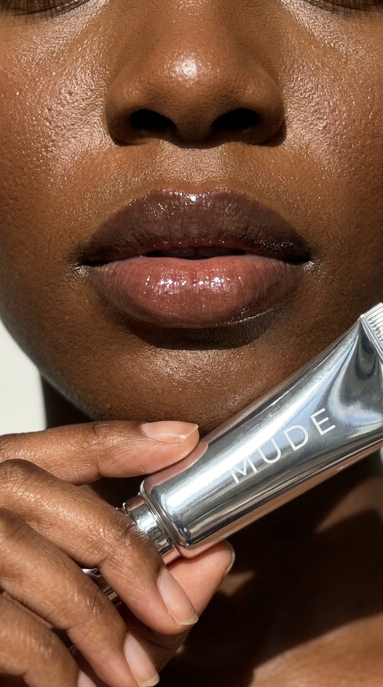 Glossed lips, deeper skin tone, with MUDE balm