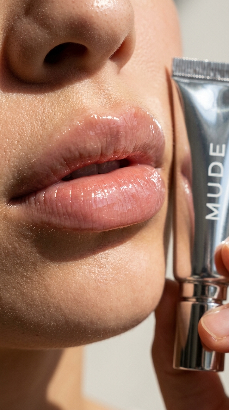 Glossed lips, lighter skin tone, with MUDE balm